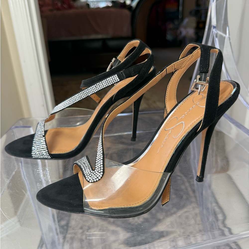 Jessica Simpson Black and Silver Strappy Heels one crystal missing - Picture 4 of 11